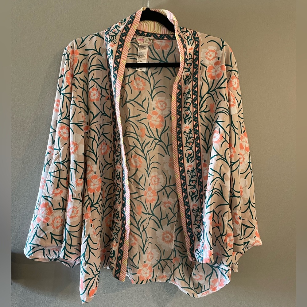 Free People Floral Open Kimono Jacket in Cream, Coral & Green